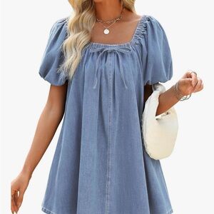 Denim Light Blue Puff Sleeve Babydoll Dress